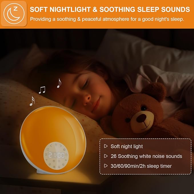 ANTDALIS Noise Sound Machine with Sunrise Alarm Clock, Dual Alarms, FM Radio, Snooze, 26 White Noise Sounds, 8 Colors Night Light, 4 Sleep Timer- Ideal Gift for Kids, Adults, Heavy Sleepers