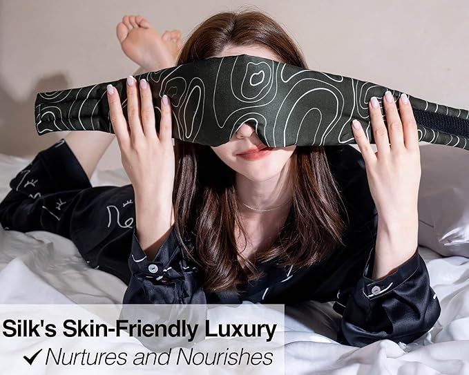 Fleur&Yang Silk Sleep Mask, Adjustable Blackout Sleeping Mask for Men Women, Soft Breathable 100% Mulberry Silk Fabric, Cooling Eye Cover Blindfold for DeepSleep or Meditation(Landform)