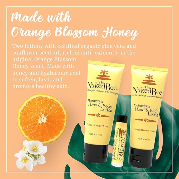 The Naked Bee Orange Blossom Honey Lotion and Lip Balm Set, Hydrating, Moisturizing, and Natural Skin Care Products Cruelty Free + Grapefruit Blossom Honey, and Pomegranate & Honey, 0.15oz