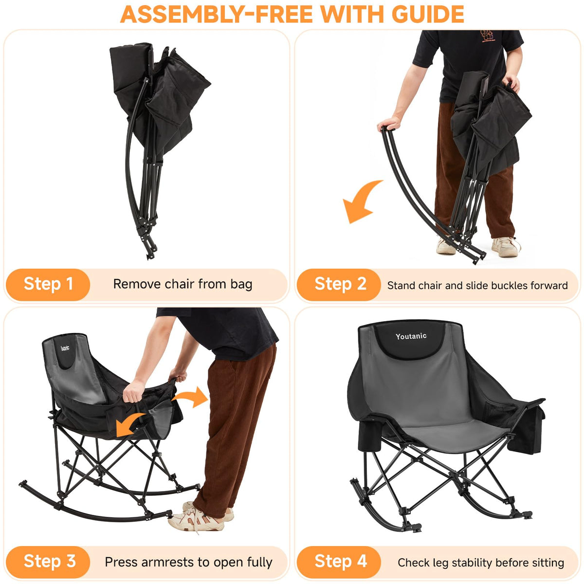 Youtanic Oversized Folding Rocking Camping Chair, Padded Portable Rocking Chair with Pockets, Cup Holder and Carry Bag, Heavy Duty Outdoor Rocker Patio Chair for Garden, Lawn, Yard, Up to 400lbs, Gray