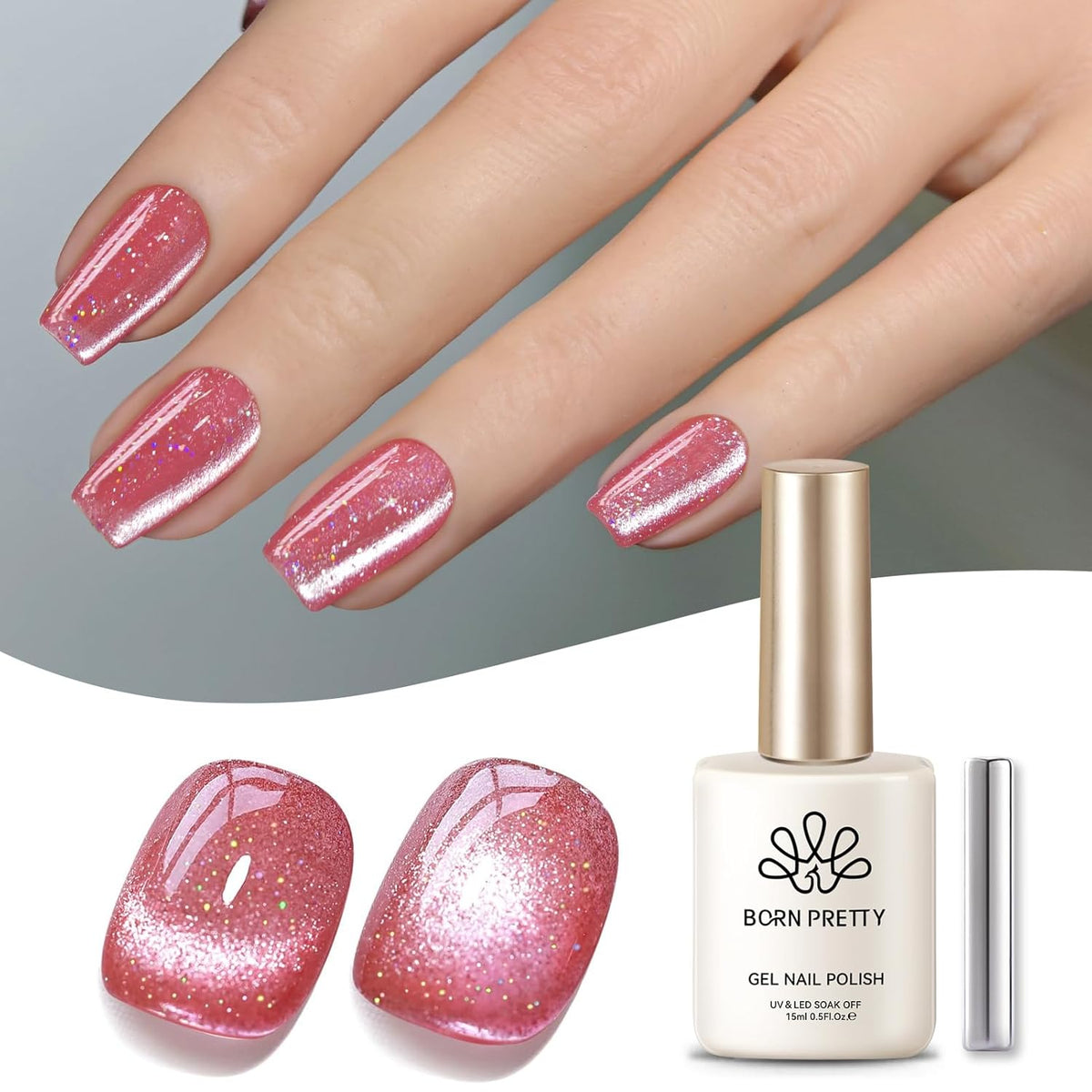 BORN PRETTY Cat Magnetic Eye Gel Nail Polish,Peach Blossom Glitter Cat Magnetic Gel Nail Polish Magnetic Nail Polish for Nail Art Manicure Salon DIY at Home 15ML