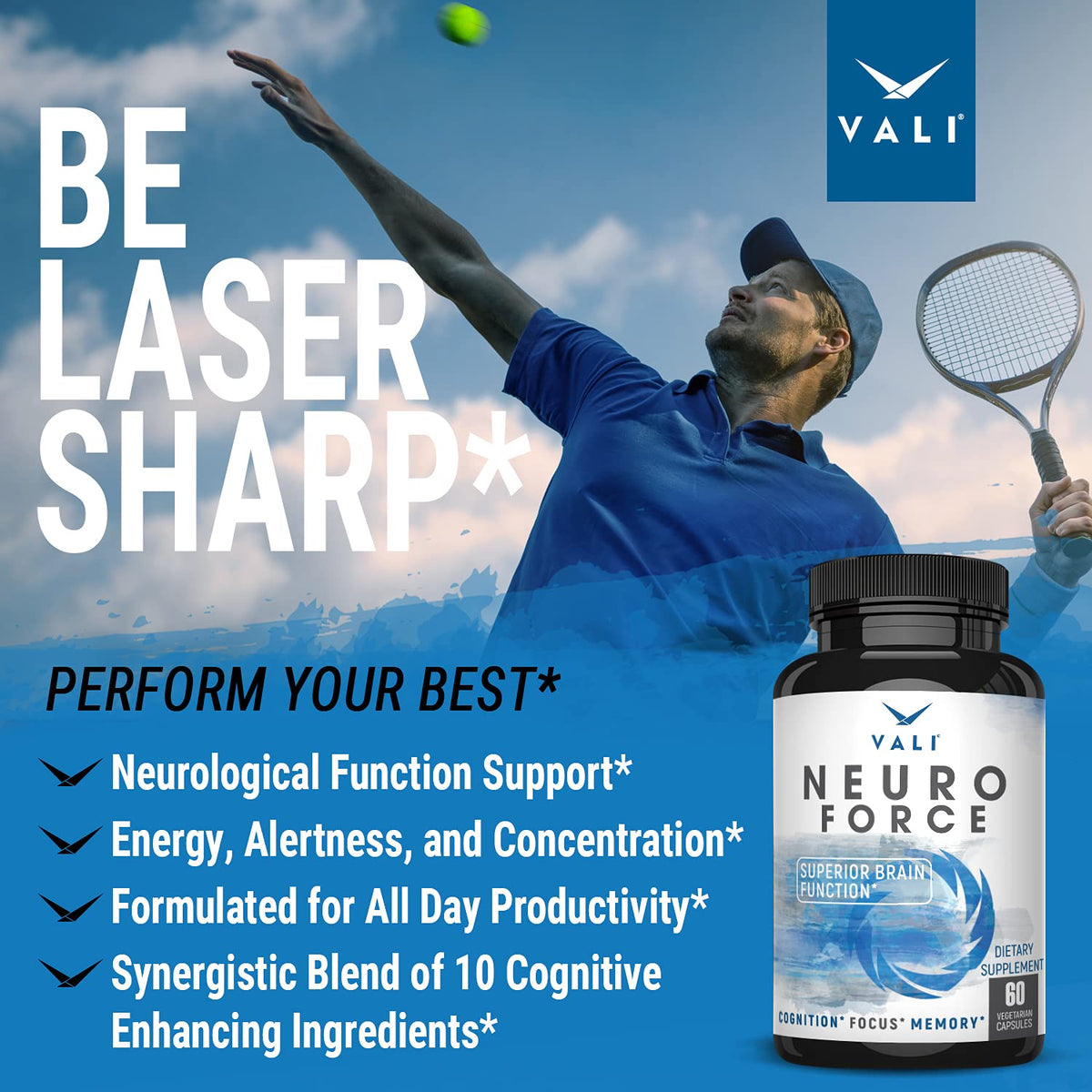 VALI Neuro Force Brain Booster Supplement for Focus, Memory, Clarity & Energy. Extra Strength Nootropic Cognitive Function Support for Mental Performance. with Natural Caffeine. 60 Veggie Capsules