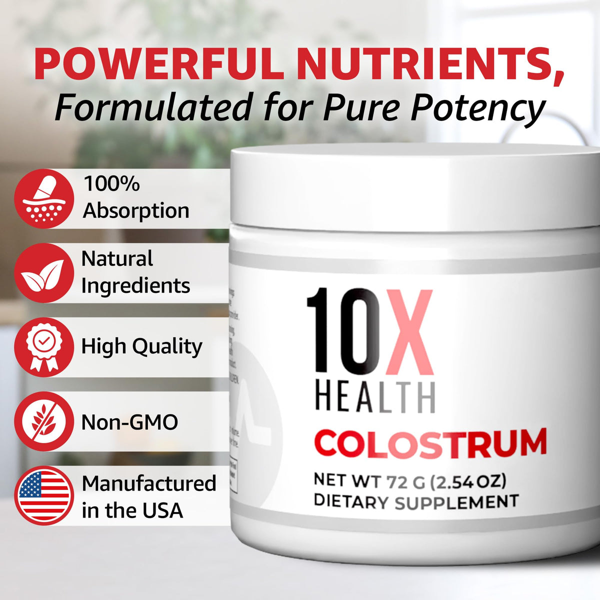 10X Health Bovine Colostrum Powder - Organic Colostrum Supplement Powder with Cat’s Claw Extract and Lactoferrin - Easy-Mix, Unflavored for Immunity & Gut Support - 60 Servings
