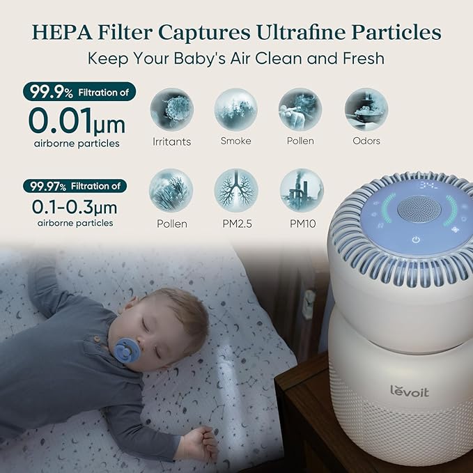 LEVOIT Air Purifier for Baby with White Noise Sound Machine and Blue-Light-Free Night Light in Home Bedroom, HEPA Filter with 5 Air Quality Monitor, Removes Ultrafine Particles, Smart WiFi, Sprout