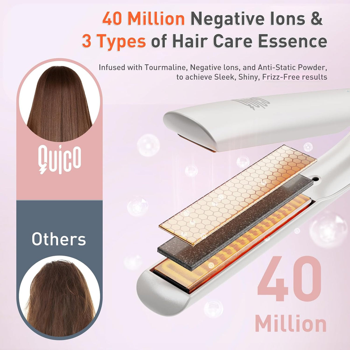 Quico Flat Iron Hair Straightener, 100-240V Dual Voltage Travel Hair Straightener and Curler with 15s Heat Up, Professional Negative Ion Ceramic Flat Iron for Less Frizz, 5 Temp & Auto Shut-Off