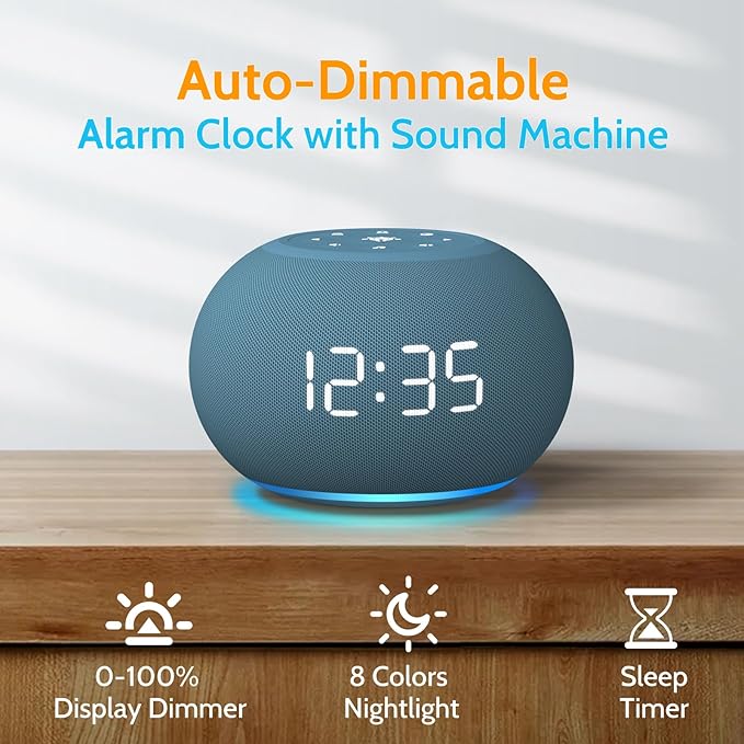 Reacher Auto-Brightness Alarm Clock Sound Machine, 20 Soothing Sounds, 8 Colors Night Light, Auto-Off Timer, 0-100% Dimmable Digital Display, Precise 30-Level Volume White Noise Machine