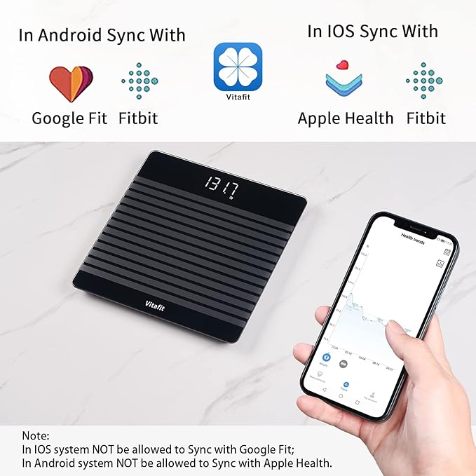 Vitafit Anti-Slip Smart Digital Bathroom Scale for Body Weight, FSA HSA Store Eligible, High Accuracy Assured by Weighing Professional Since 2001, BMI with App,Black