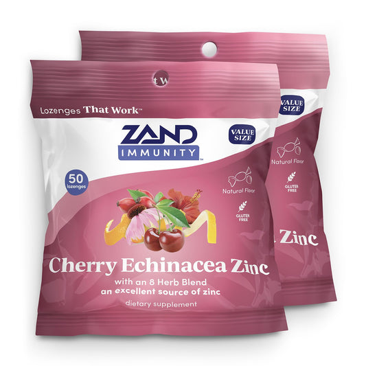 ZAND Immunity Cherry Echinacea Zinc Throat Lozenges 2 Pack - Good-for-You Dry Mouth Lozenges - Immune Support Supplement with Zinc 5mg - Soothe a Dry Throat - Natural Flavor, Gluten Free, 50ct ea