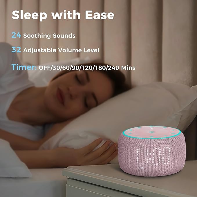 White Noise Machine Alarm Clock for Bedrooms - 5W Stereo Bluetooth Speaker - 24 Soothing Sounds - 9 Night Lights - Auto-Dimmable Digital Alarm Clock Sound Machine for Sleeping