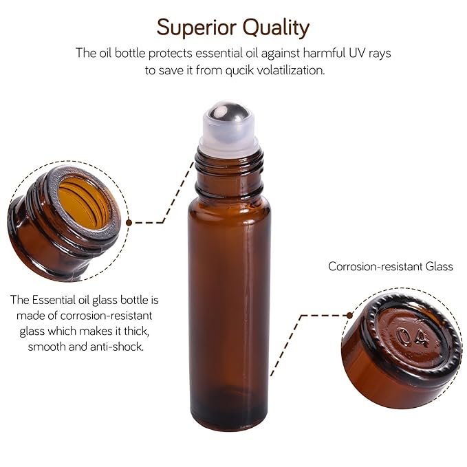 PrettyCare 24 Pack, 10 ml Essential Oil Roller Bottles with Stainless Steel Roller Ball - Refillable Leak-proof Empty Thick Amber Glass Roll on Bottles with Metal Caps for Travel, Perfume