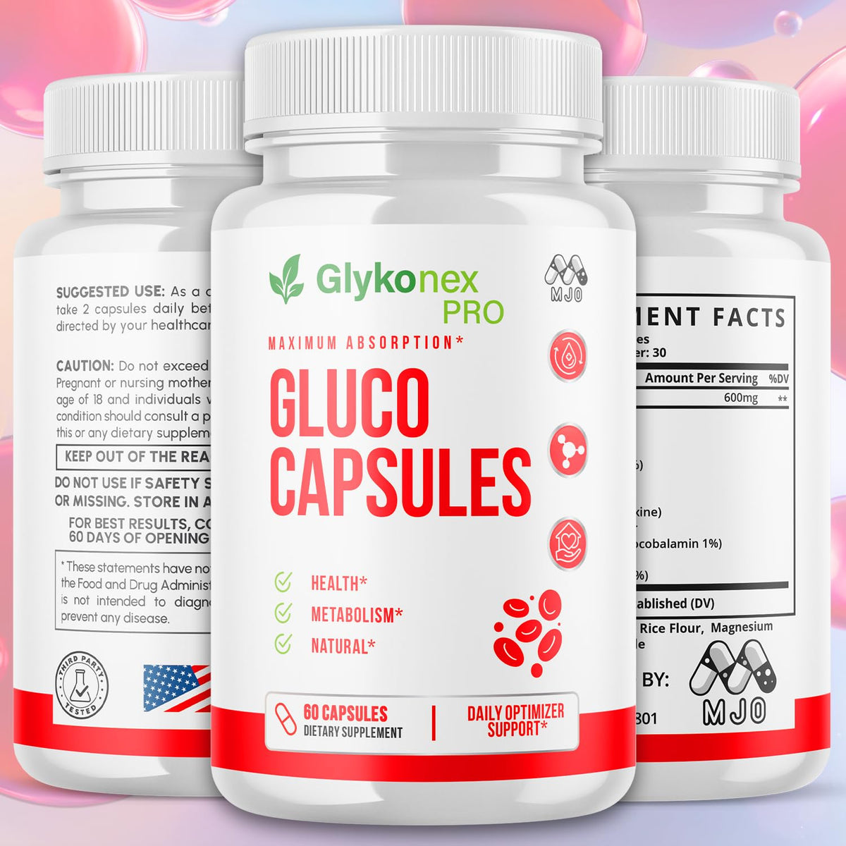 Gluco Capsules, Official Glykonex Pro Gluco Pills with All Natural Ingredients, Maximum Strength Glykonix Supplement Premium Vitamins Supporting Optimal Wellness and Health Naturally (60 Capsules)