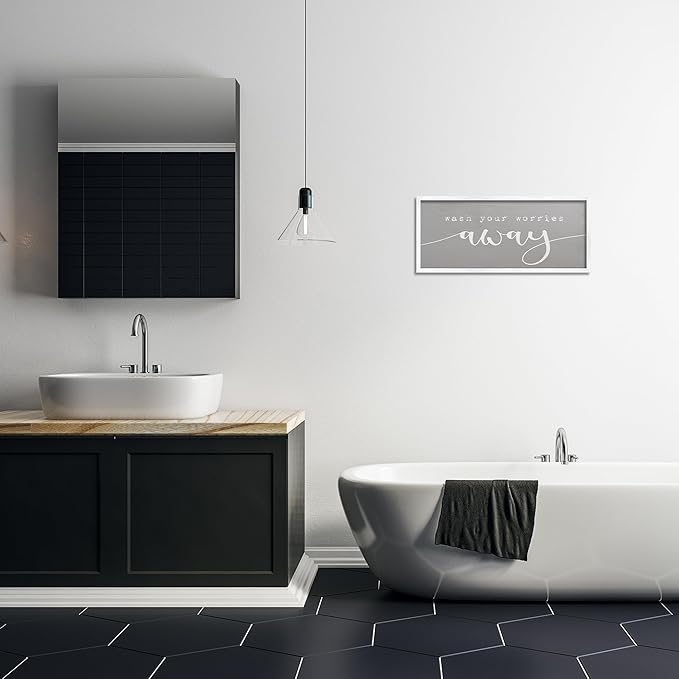Stupell Industries Wash Your Worries Away Phrase Bathroom Relaxation, Designed by Daphne Polselli White Framed Wall Art, 10x24, Gray