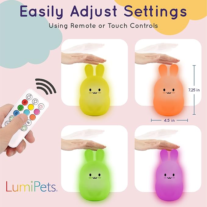 Lumipets Remote Control Silicone Night Light for Kids - Bunny Design with 9 Soft Colors & Sleep Timer - Rechargeable, Battery-Operated Lamp for Bedroom | Baby Nursery, Toddler, Girls, Boys