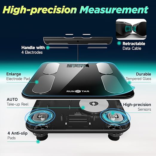 Runstar Scale for Body Weight and Fat, BMI Muscle Mass to 28 Measurements, FSA or HSA Eligible Digital Bathroom Scales 8-Electrode with Voice Prompt High Accurate Bluetooth Weight Scale