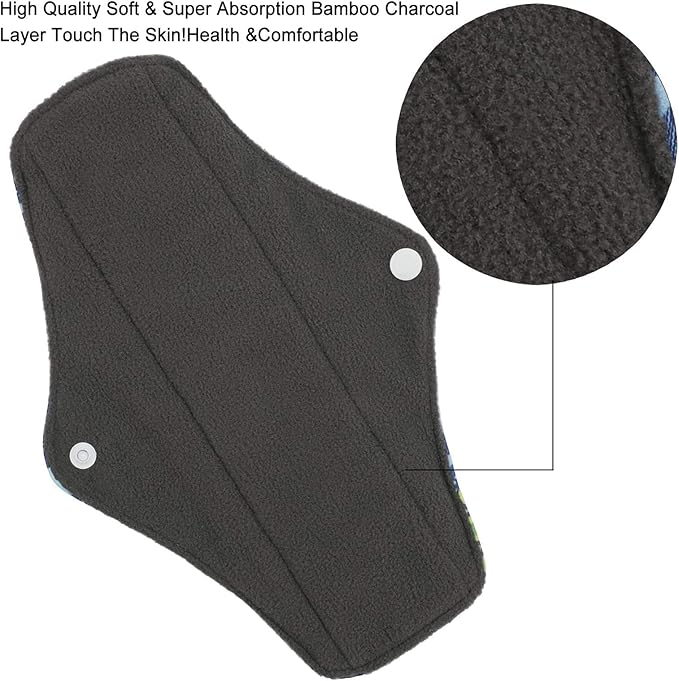 Reusable Menstrual Pads, Bamboo Cloth Pads for Heavy Flow with Wet Bag, Large Sanitary Pad Set with Wings for Women, Washable Overnight Cloth Panty Liners Period Pad (7 in 1, 25.4cm 4 Layers)