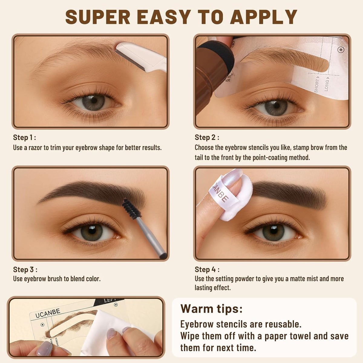 UCANBE 25PCS Eyebrow Stamp Stencil Kit With Dual-Color Eyebrow Stamp Pomade,20 Reusable Eyebrow Stencils,Finising Powder,Brush,Eyebrow Razor,Zipper Pouch,Waterproof Eye Brow Stamping and Shaping Kit05