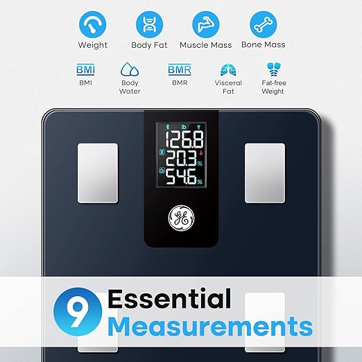 GE Smart Scale for Body Weight and Fat Percentage with All-in-one LCD Display, Digital Bathroom Weight Scales Bluetooth Body Composition Analyzer with App, Accurate Weighing, 400 lbs / 180 kg