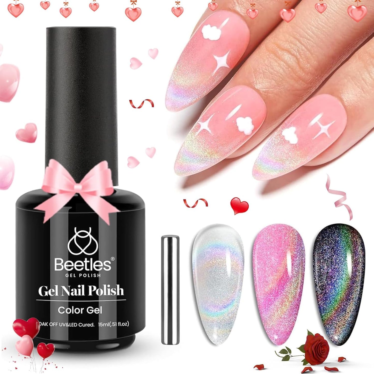 Beetles Rainbow Holographic Cat Eye Gel Nail Polish, 15ml, Magnet Stick, Soak Off, Uv Nail Shimmer, Velvet, French Nail Art Design, Gift for Women
