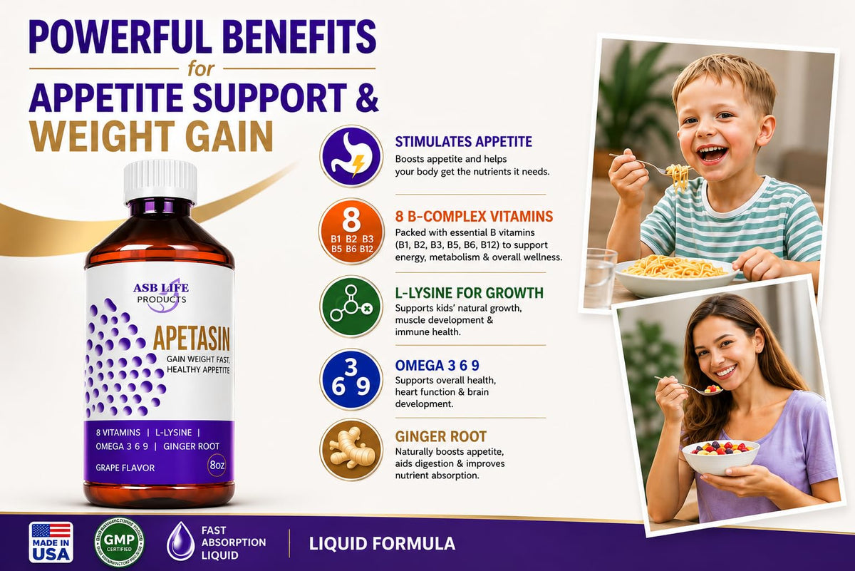 Apetasin Blended Multivitamin Appetite Booster Weight Gain Stimulant Food Booster for Underweight Adults Kids Elderly with L-Lysine B1 B2 B3 B5 B6 B12 Omega 3 Cilantro Ginger Herbal Hunger Activators