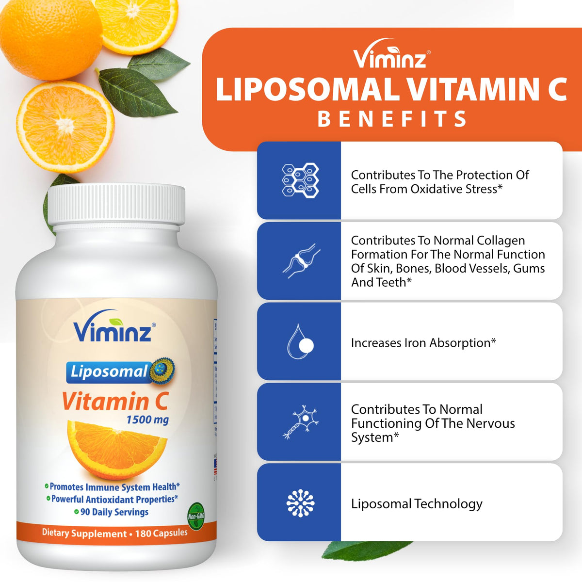 Viminz Liposomal Vitamin C 1500mg – 180 Capsules – Made in USA – High Absorption Immune & Collagen Support – Bioavailable Antioxidant Formula – Non-GMO, Gluten Free & Soy Free