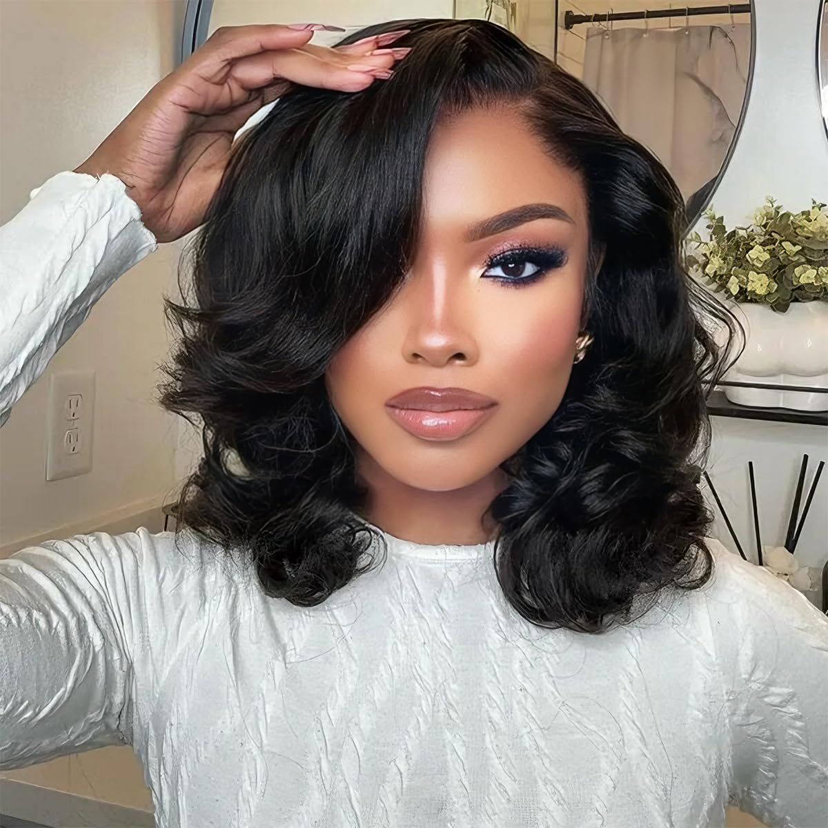 Tinashe Glueless Bob Wigs Human Hair Pre plucked Pre Cut Natural Black Loose Body Wave short Wig 5x6 Lace Pre-Bleached Knots HD Lace Front Wigs Human Hair for Black Women -12inch