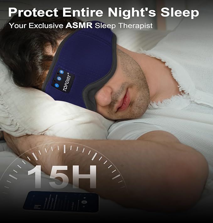 Sleep Mask with Bluetooth Headphones Wireless, TOPOINT 3D Eye Mask for Sleeping Headphones Women Men with Noise Canceling Earbuds, Thin Speaker, Blackout, 15 Hours for Travel, Meditation, CPAP Users
