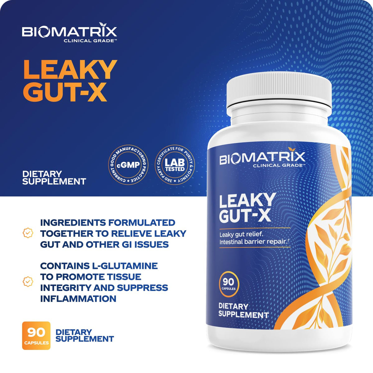 BioMatrix Leaky Gut Repair Supplement w/Glutamine, Quercetin, Cat's Claw, MSM, SIBO, Prebiotic Support, Intestinal Barrier Revive for Men and Women | 60-Day Supply – Leaky Gut-X