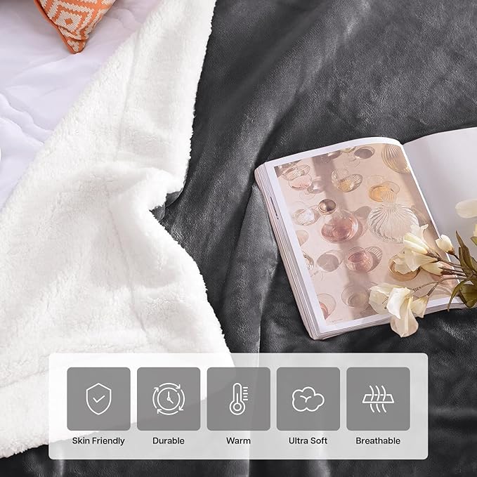 IR Imperial Rooms Sherpa Blankets Queen Size - Thick and Warm Blankets for Winter, Reversible Soft and Fuzzy Fluffy Queen Size Blanket for Bed, Grey, 90x90 Inches