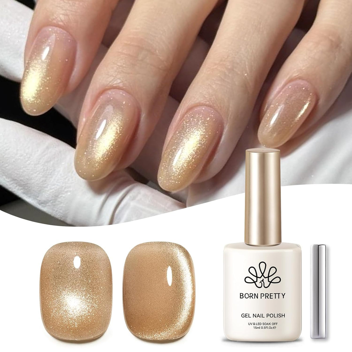 BORN PRETTY Cat Magnetic Eye Gel Nail Polish, Champagne Glitter Cat Magnetic Gel Nail Polish Magnetic Nail Polish for Nail Art Manicure Salon DIY at Home 15ML