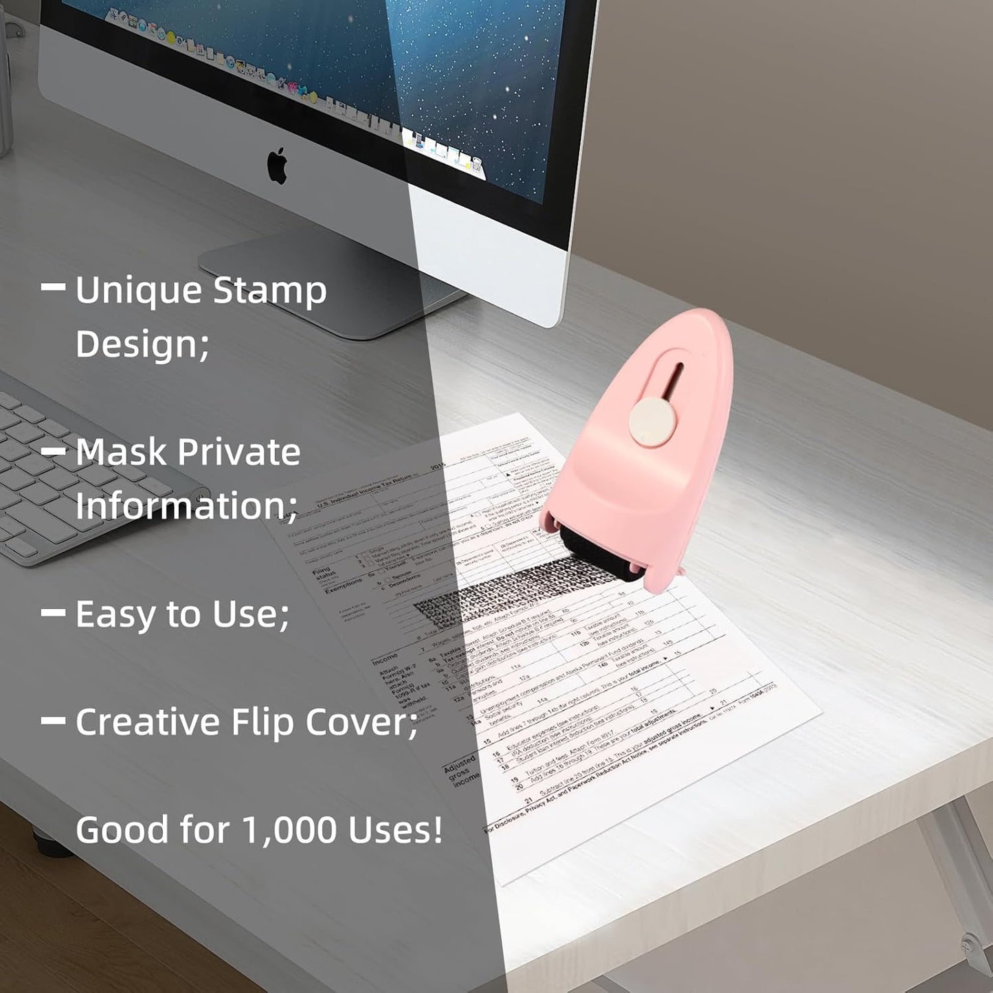 Identity Privacy Protection Roller Security Stamp 2Pack - Guard Your ID with Refillable Ink, Built-in Cutter & Flip Cover Design, Compact Security Tool for Document & Mail Privacy (White+Pink)
