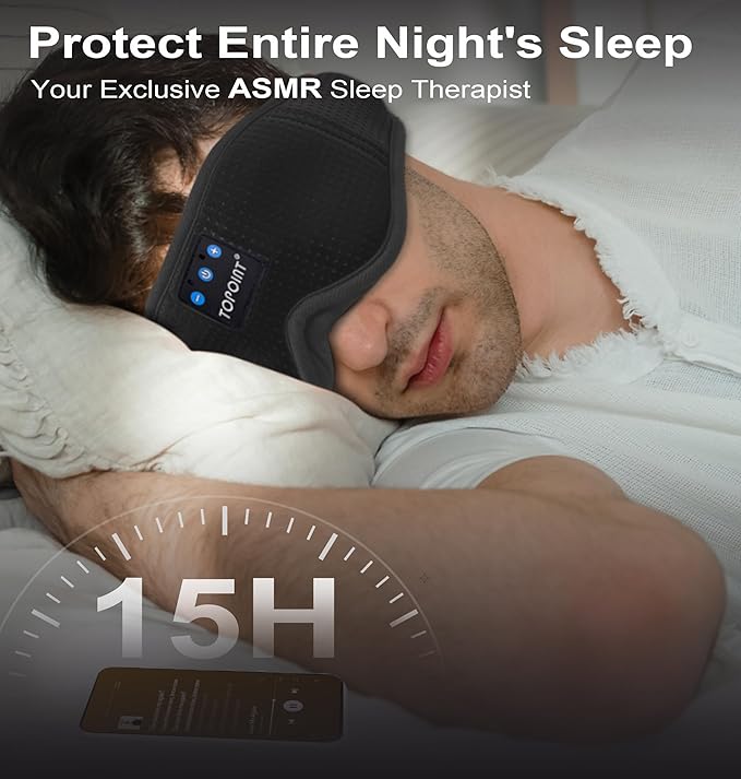 Sleep Mask with Bluetooth Headphones Wireless, TOPOINT 3D Eye Mask for Sleeping Headphones Women Men with Noise Canceling Earbuds, Thin Speaker, Blackout, 15 Hours for Travel, Meditation, CPAP Users