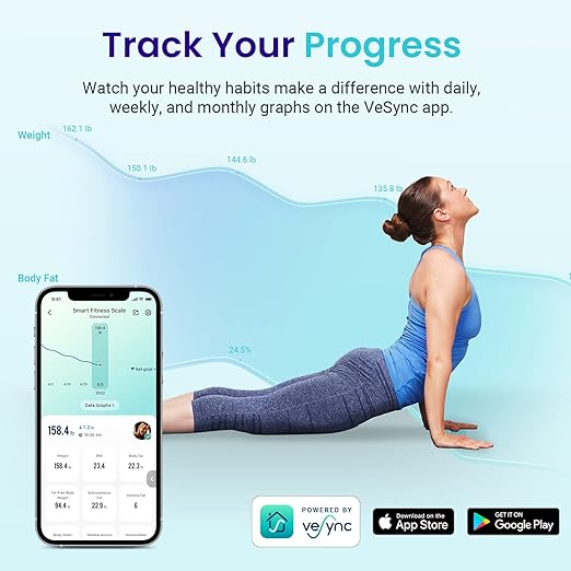 Etekcity Scales for Body Weight, Bathroom Digital Weight Scale Fat, Smart Bluetooth BMI, and Loss, Sync 13 Data with Other Fitness Apps, Black, 11x11 Inch
