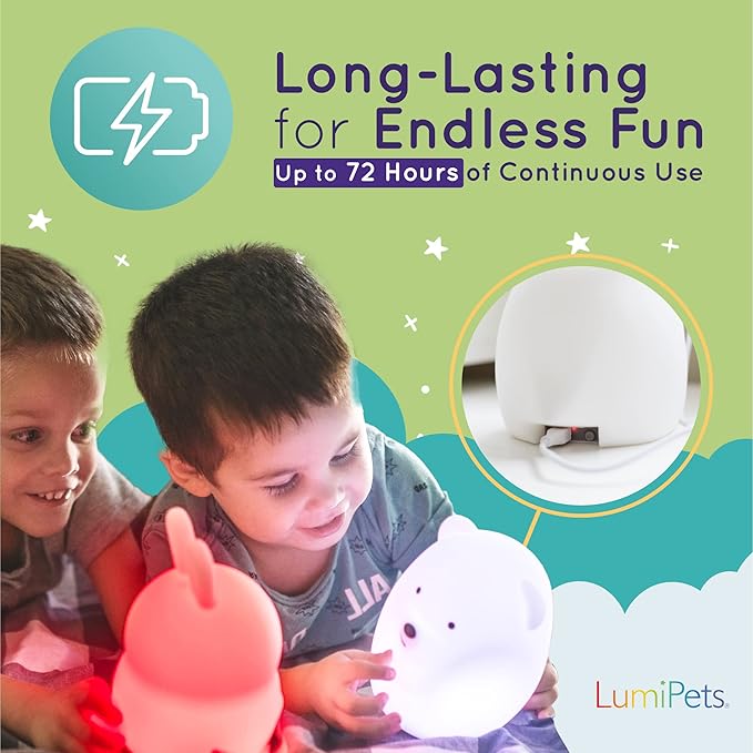 Lumipets Remote Control Silicone Night Light for Kids - Bunny Design with 9 Soft Colors & Sleep Timer - Rechargeable, Battery-Operated Lamp for Bedroom | Baby Nursery, Toddler, Girls, Boys