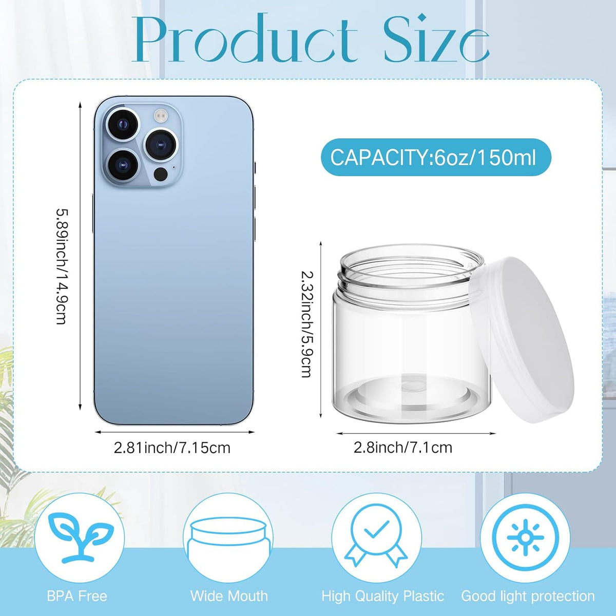 SATINIOR 100 Pcs Plastic Jars with Lids Small Containers Lids Wide Mouth Small Plastic Containers for Lotion Cream Rhinestones Body Butters Travel Storage(6 oz, Clear)