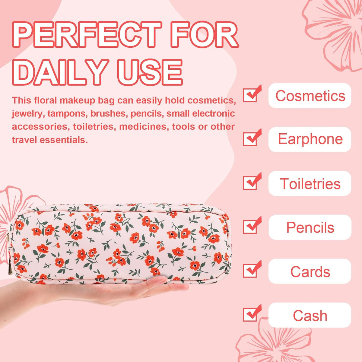 Waterproof Small Floral Pencil Case Makeup Bag for Purse,Cute Flower Pencil Pouch Preppy Nylon Makeup Brush Holder with Zipper,Girls Portable Storage Case Small Pen Bag for Work(Slim Pink-Flowers)
