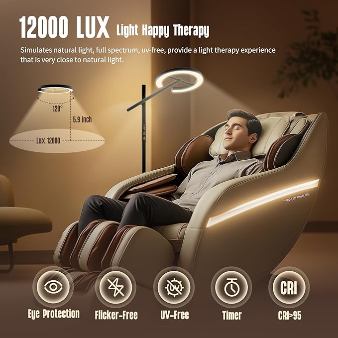 GLOWRIUM-H1B Light Therapy Lamp 12000 Lux, LED UV-Free Sun Lamp, Full Spectrum Happy Natural Mood Therapy, Stepless Dimmable Modern Sunlight Floor Light with Remote and Timer