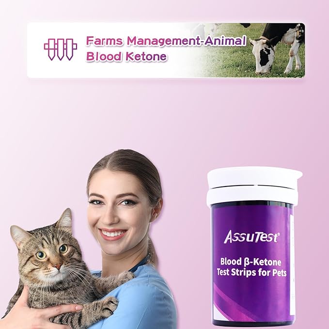 AssuTest® Blood Ketone Test Strips for Pets β-Ketone Farm Testing - Accurate, Easy-to-use Ketosis Detection Tool for Cows Cats and Dogs, Home Veterinary Supplies - 25 Pcs/Box with 25 Lancets