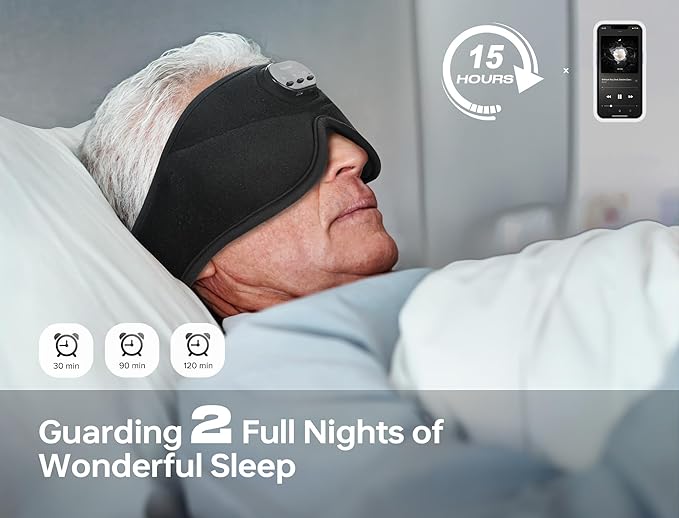 Sleep Mask with Bluetooth Headphones Wireless, TOPOINT 3D Eye Mask for Sleeping Headphones Women Men with Noise Canceling Earbuds, Thin Speaker, Blackout, 15 Hours for Travel, Meditation, CPAP Users