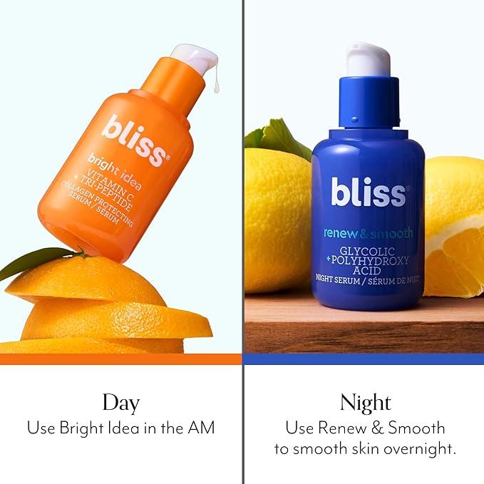 Bliss Vitamin C Bright Idea + Glycolic Acid Renew & Smooth Day and Night Serum Duo | Anti-Aging and Brightening Face Serums Duo for Bright, Smooth & Firm Skin | Vegan, Clean & Cruelty-Free | 2x1 Fl Oz