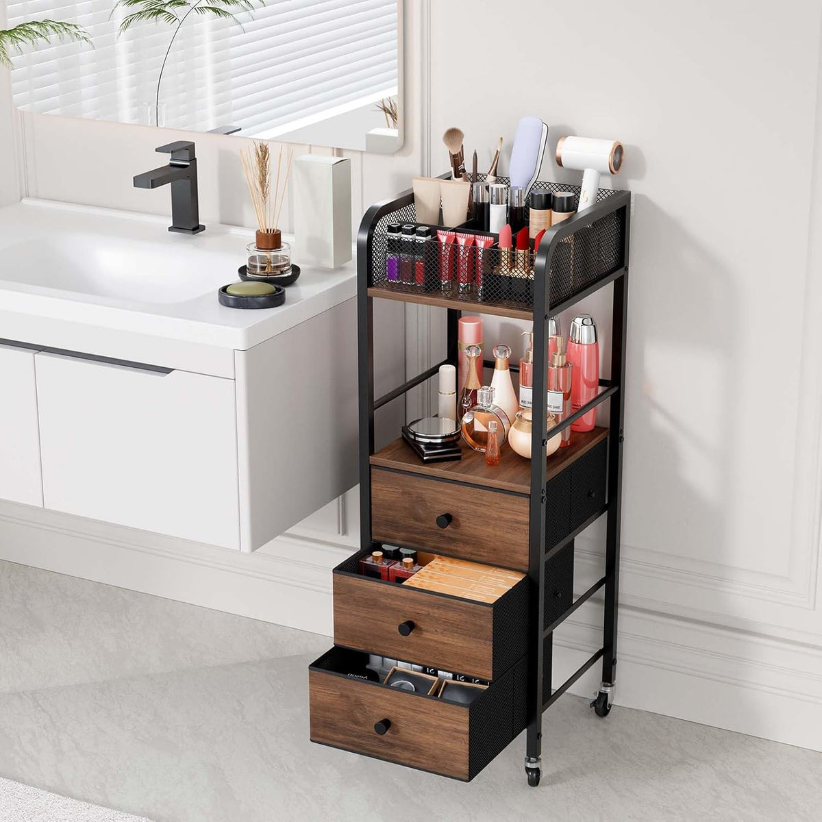 HapiRm Rolling Makeup Cart Organizer - Floor Skincare Make Up Storage with 3 Drawers, Vanity Organizer Cosmetic Display Cases Holder for Skin Care Perfume Nail Polish Brush Hair Tool