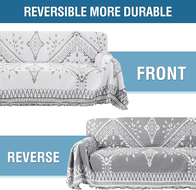 H.VERSAILTEX Reversible Sofa Cover Couch Cover for Dog Sofa Slipcover for Most Shape Sofa Furniture Protector with Tassels Sectional Couch Cover (X-Large: 71" x 118", Dove Grey/White)