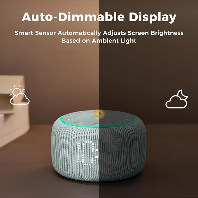 White Noise Machine Alarm Clock for Bedrooms - 5W Stereo Bluetooth Speaker - 24 Soothing Sounds - 9 Night Lights - Auto-Dimmable Digital Alarm Clock Sound Machine for Sleeping