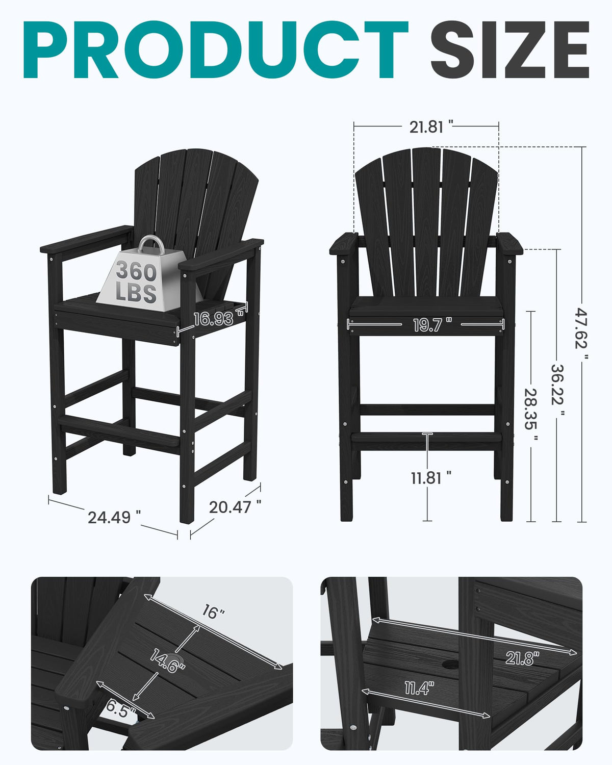 SERWALL Tall Adirondack Chairs Set of 4 with Double Layer Connecting Tray, HDPE Bar Height Outdoor Chairs, Wood-Like Adirondack Bar Stools for Patio, Balcony, Porch, Black