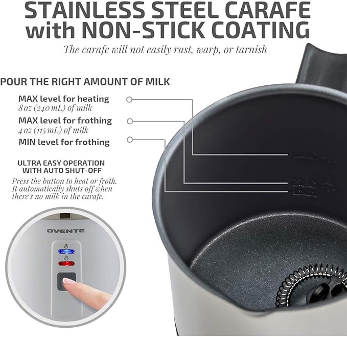 OVENTE Milk Frother Non-Stick Stainless Steel Electric Portable Auto Shut-Off Function, Hot and Cold Foam Perfect Warmer for Coffee Latte Cappuccino Chocolate, White FR1208W