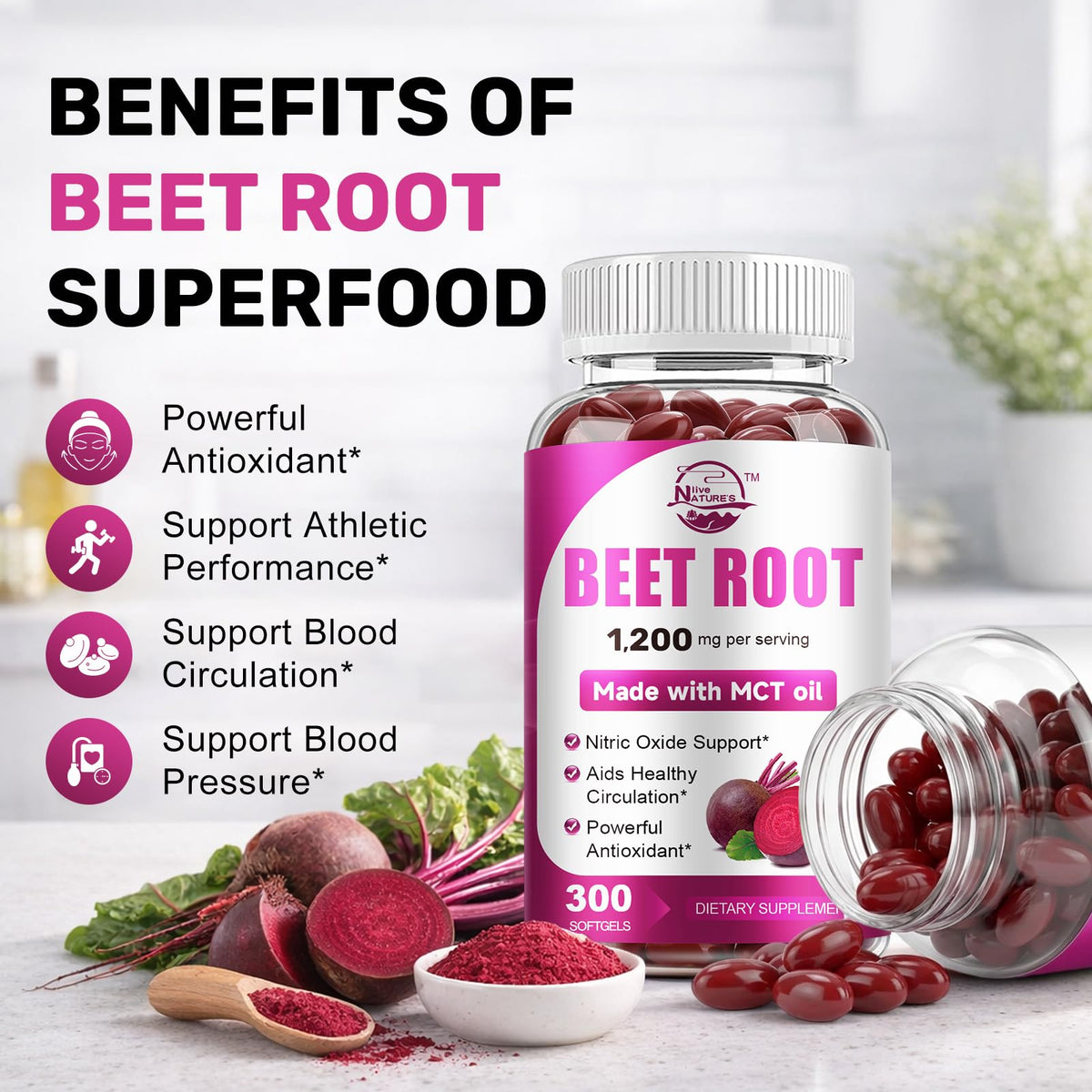 Beet Root Supplement with MCT Oil, 1200mg Max Strength per Serving, Aids Healthy Circulation & Vitality, Supports Digestive, Immune System, Super Beets Supplements, Non-GMO, 300 Softgels