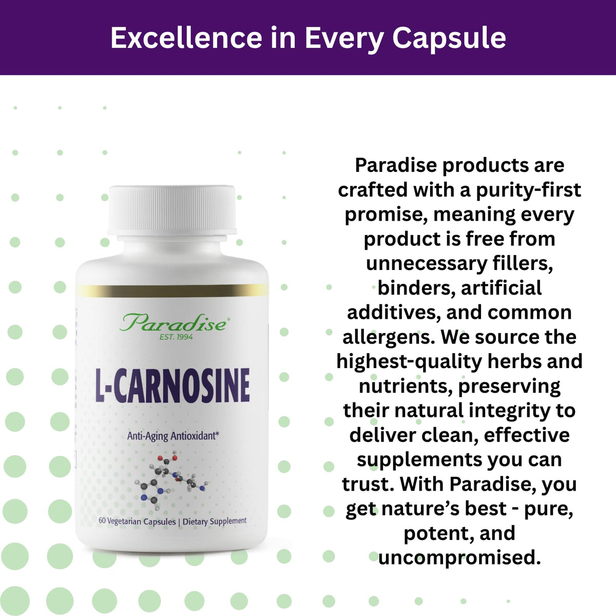 Paradise Herbs L-Carnosine, Super Potent, Ultra Pure, Antioxidant, Vegan, Non GMO, Gluten Free, 60 Vegetarian Capsules