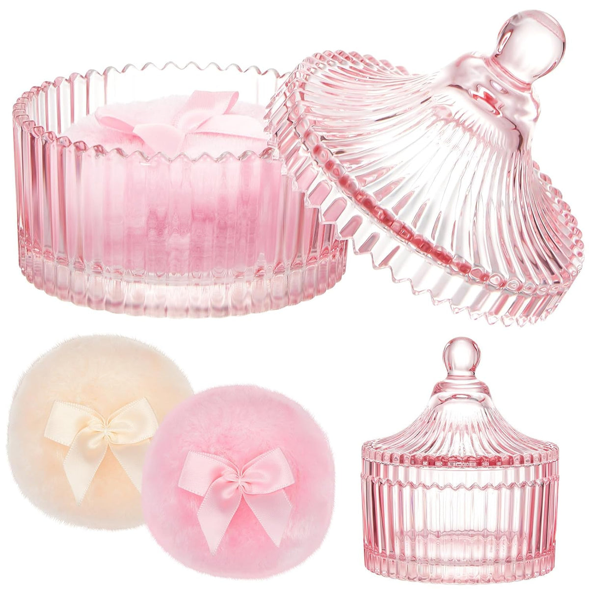 Tioncy 3 Pcs Large Body Powder Puff and Container Crystal Container Soft Washable Reusable Velour Face Body Glitter Powder Puff Wet Dry Makeup Simple Style (Pink)