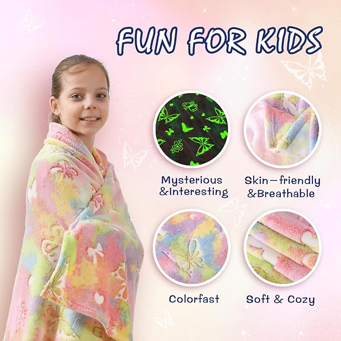 SOCHOW Butterfly Glow in The Dark Blanket Presents for Daughters, Toys for 3-10 Year Old Birthday Presents, Soft Cozy Flannel Throw Blanket for Preteens Teens, Yellow 50 x 60 Inches