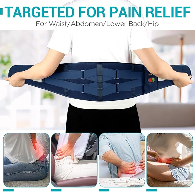 Comfytemp Cordless Heating Pad with Massager for Back Pain Relief, Portable Lower Back Massager Wearable, Father's Day Gifts, Birthday Gifts for Dad Mom Men Women, 3 Heat, Auto-Off Blue