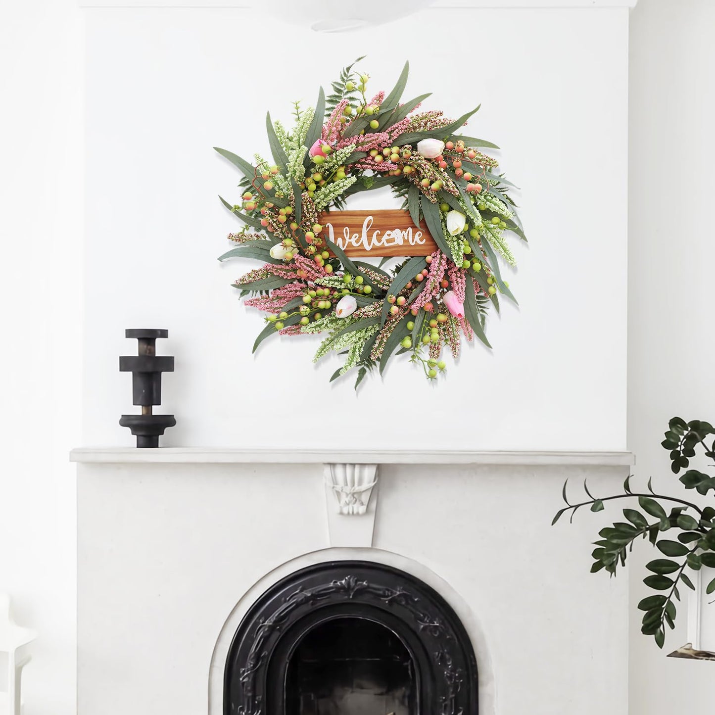 Wreaths for Front Door 24 Inch Spring Summer Tulip Wreath withTulip,Berries,Boxwood and Cattails Welcome Door Wreath, Porch, Window Green Decor for Home, Farmhouse - Spring, Summer, Fall, All Seasons